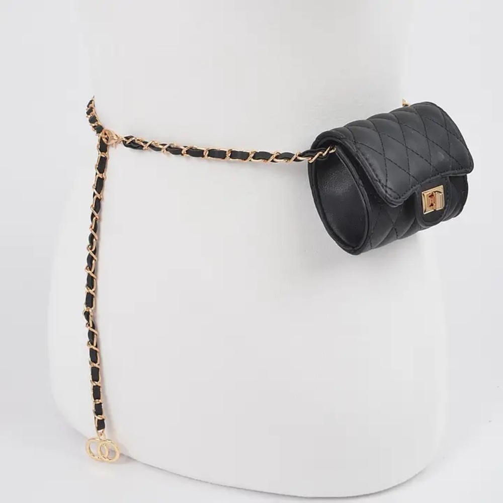 Black Quilted Belt Bag with Gold Chain